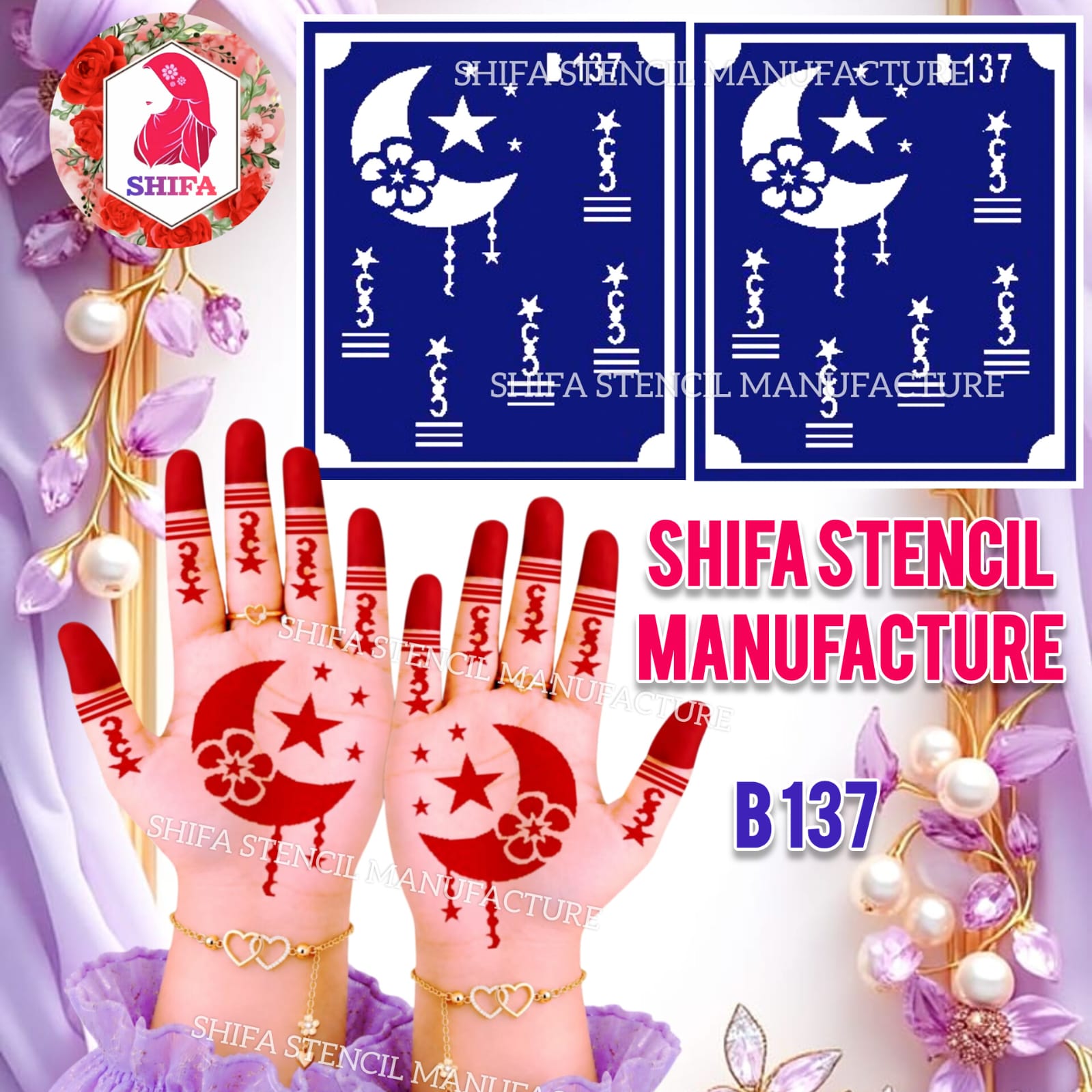 B137 Starblossom Crescent Charm Double Hand - Ramzan Designs Henna Stencil - Shifa Stencil